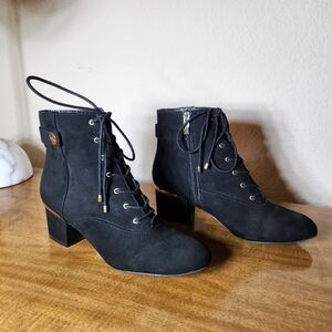 Liz Claiborne 8 1/2 Garrett Black Suede Lace-Up Boots Side Zip Gold Accents